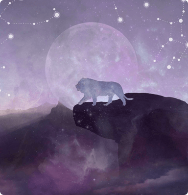 A lion walking on the hillside in the foreground with stars, a moon and the expanse of space in the background