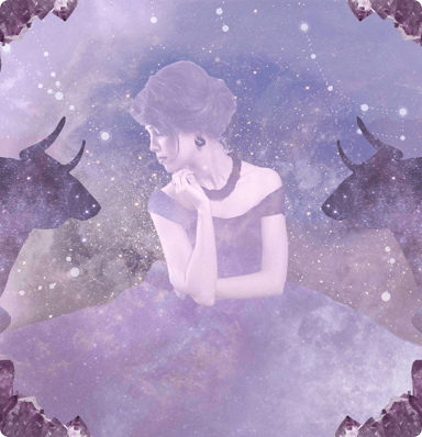 A woman in a long dress sitting in the foreground and bulls, stars clouds and the expanse of space in the background