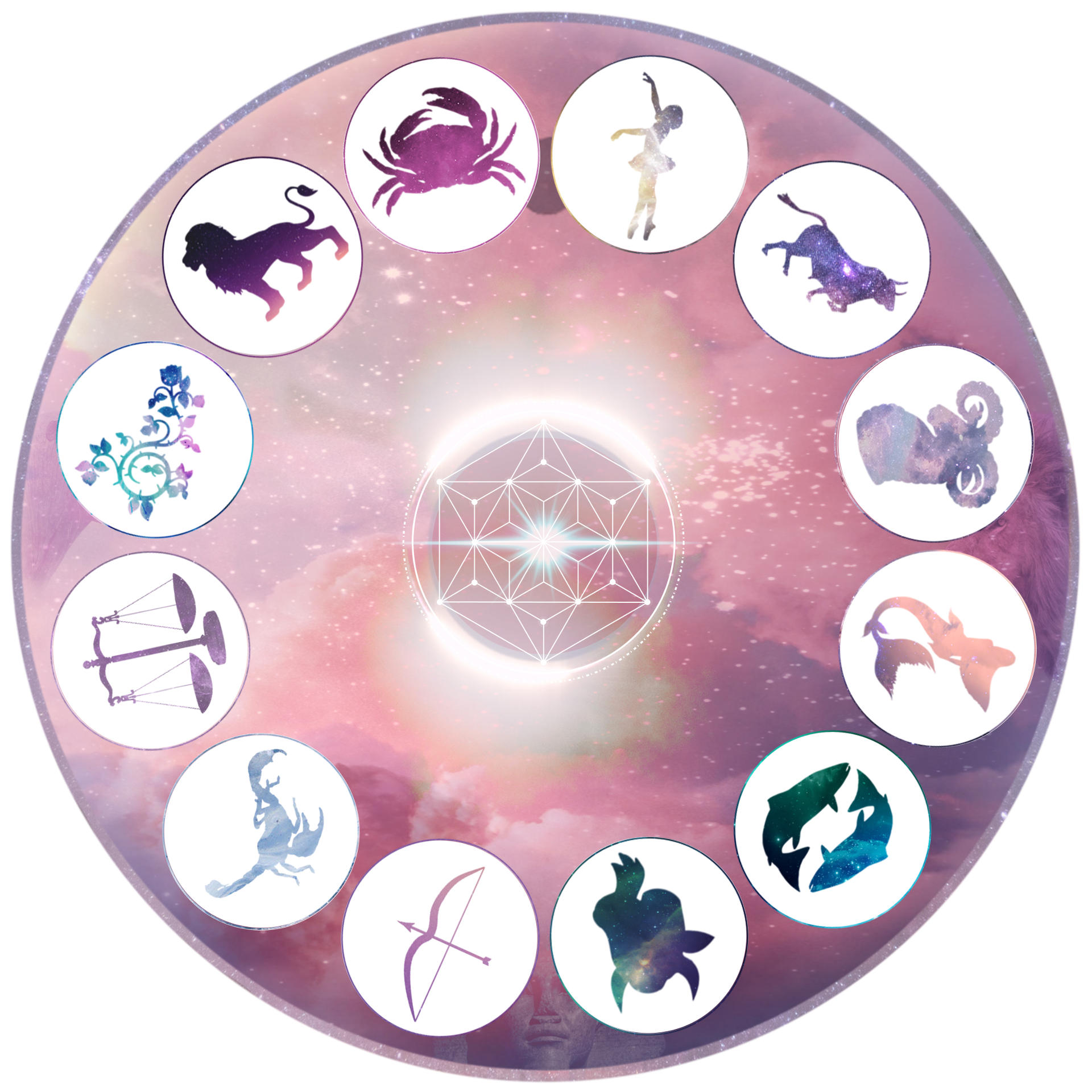A cosmic wheel with zodiac signs