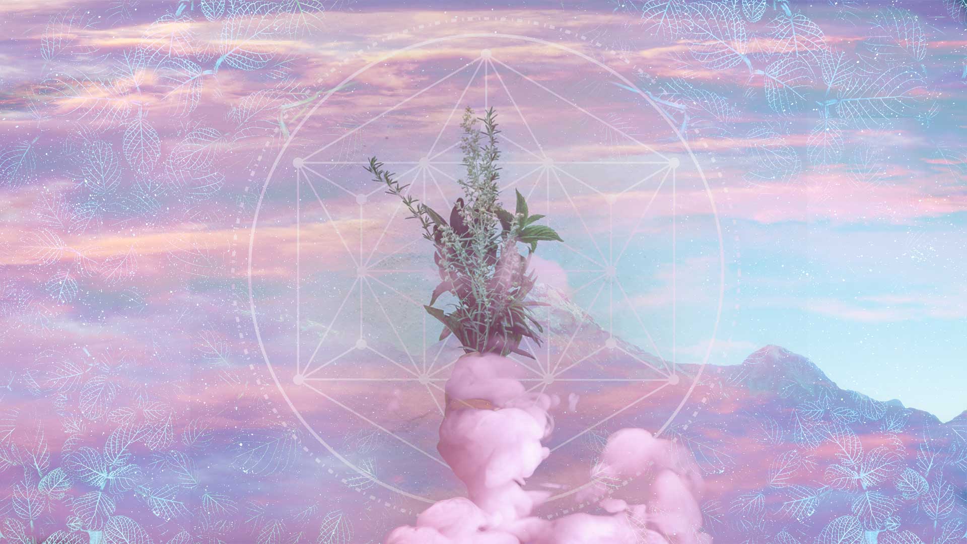 A bunch of herbs in the centre being propped up by clouds, mountains and clouds in the background