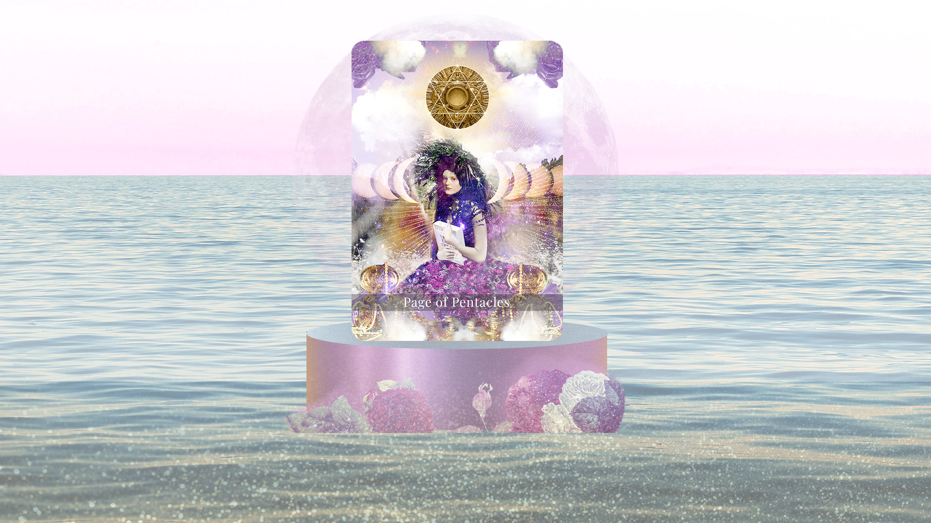 A tarot card on a podum floating on an ocean