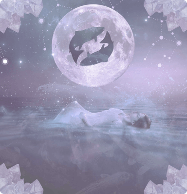 A woman swimming on her back with a moon, stars and the expanse of space in the background