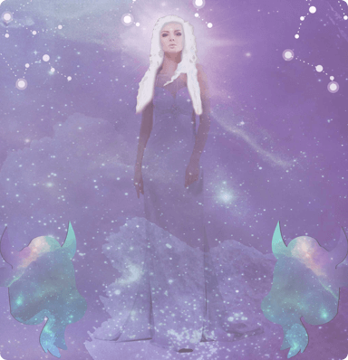 A woman with blonde hair wearing a long dress standing up in the foreground and bulls, stars clouds and the expanse of space in the background