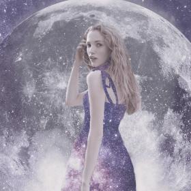 A young woman with blonde hair dressed in a purple dress stood in from of the moon and the expanse of space