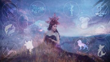 Zodiac and astrology image women sat with zodiac signs