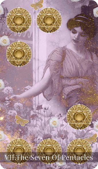The Seven of Pentacles tarot card