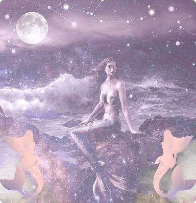 A mermaid sat on some rock in the foreground with clouds, the moon and the expanse of space in the background