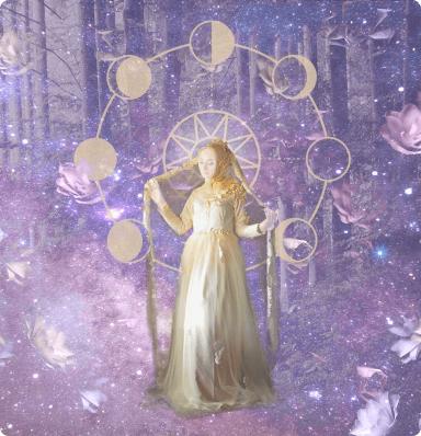 A woman in the foreground in a long gold dress and a forest, flowers, stars and beams of light in the background